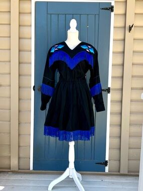 Vintage 80s Southwestern Western Fringe Rodeo Dress Black Blue Women’s Size S
